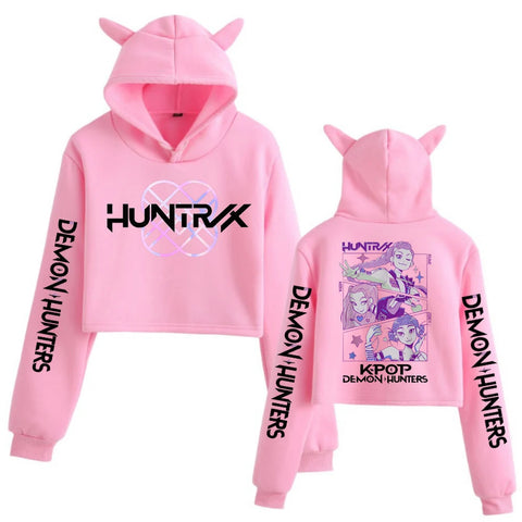 Kpop Demon Hunters Crop Tops Cat Ears Sweatshirt Long Sleeve Girls Fashion Hoodie Zen Fit Plus