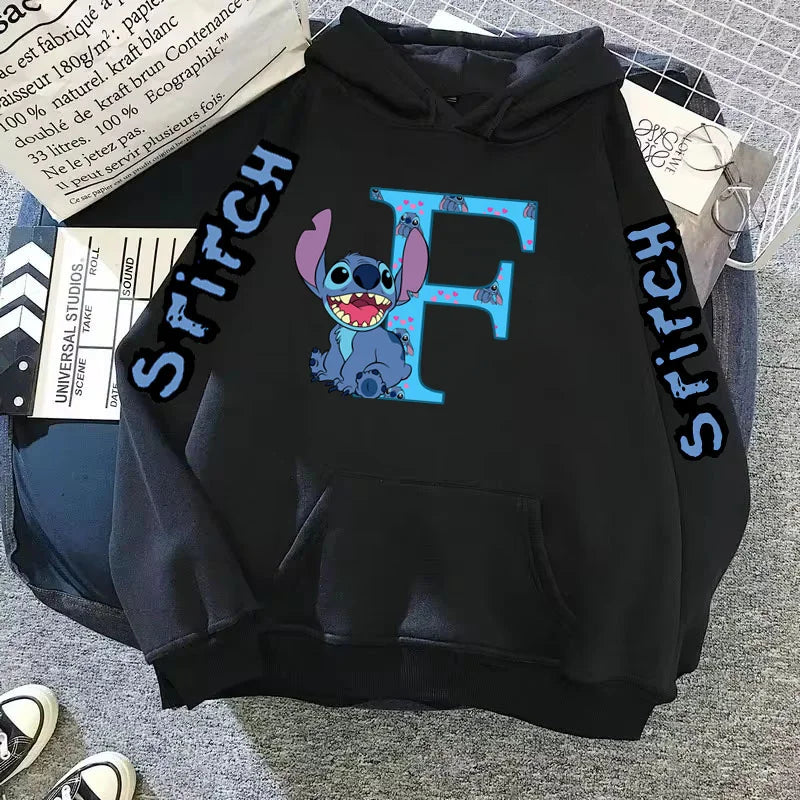2024 Women's Winter Jacket Cute Kawaii Disney Lilo & Stitch Lucky Letter Print Black Hoodie Fashion Couple Streetwear Sportswear Zen fit plus
