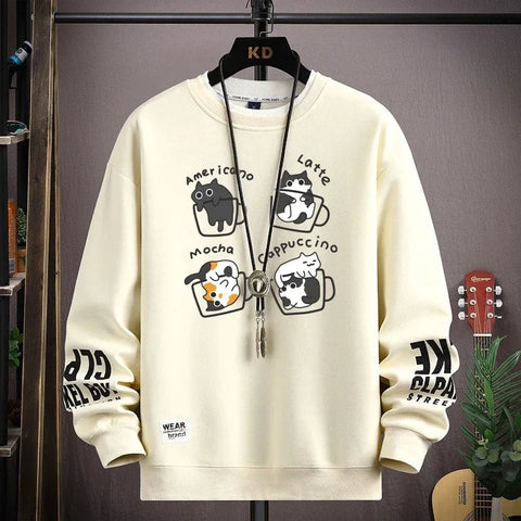 Spring Men's Sweatshirt Japan Cartoon Cats Printed Long Sleeve T-shirt Fashion Men's Clothing Khaki O Neck Harajuku Top 2024 New Zen Fit Plus