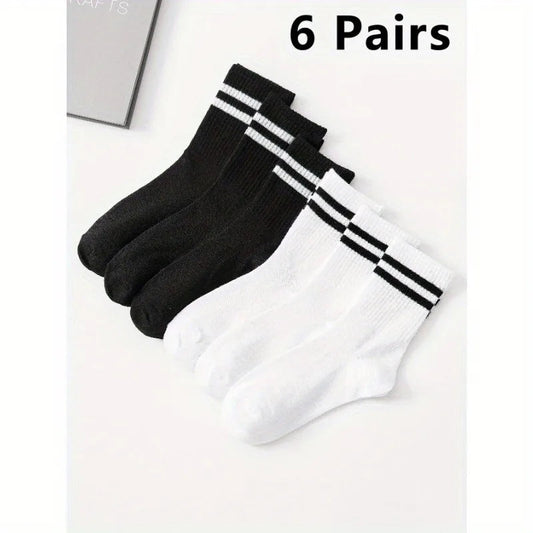 6 Pairs High Tube Mid Length Stockings Set For Men in Solid Black And White With Parallel Bars Popular and Sweat Absorption Zen fit plus