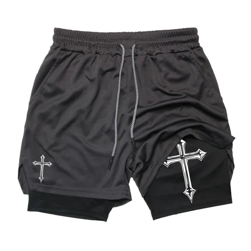 Cross Print 2 in 1 Workout Running Shorts for Men Christian Gym Athletic Shorts with Compression Liner Phone Pocket Towel Loop Zen fit plus