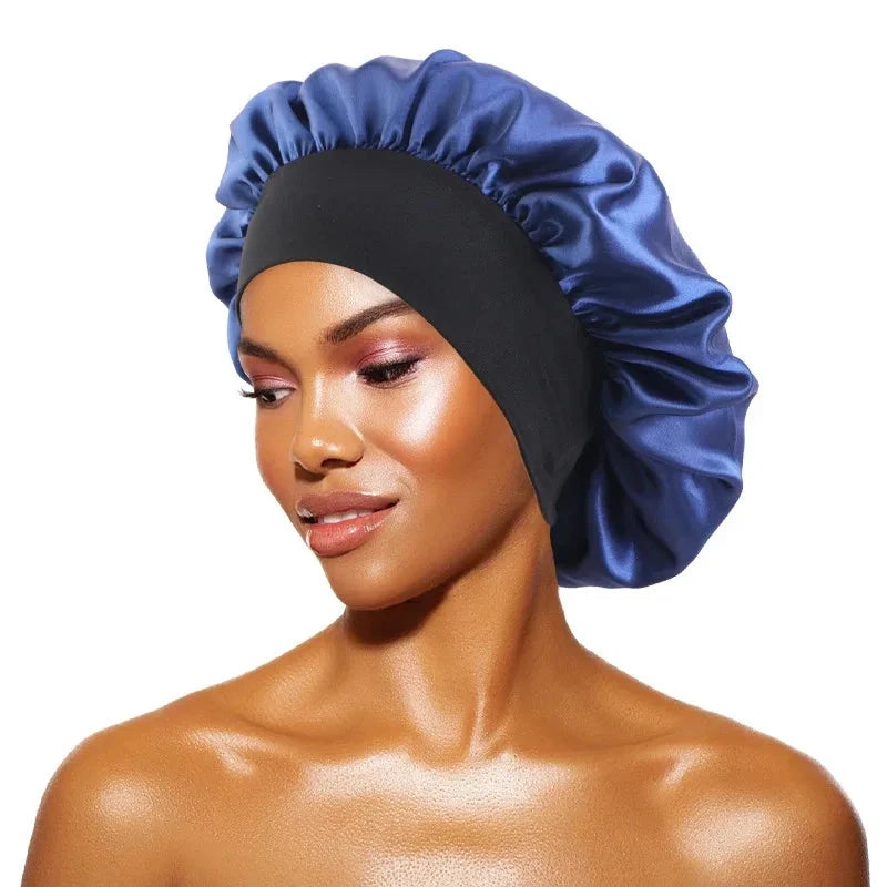 Women's Satin Solid Bonnets Wide-brimmed Night Sleeping Bathing Hat Unisex Head Wrap Elastic Band Cap Hair Care Bonnet Zen Fit Plus