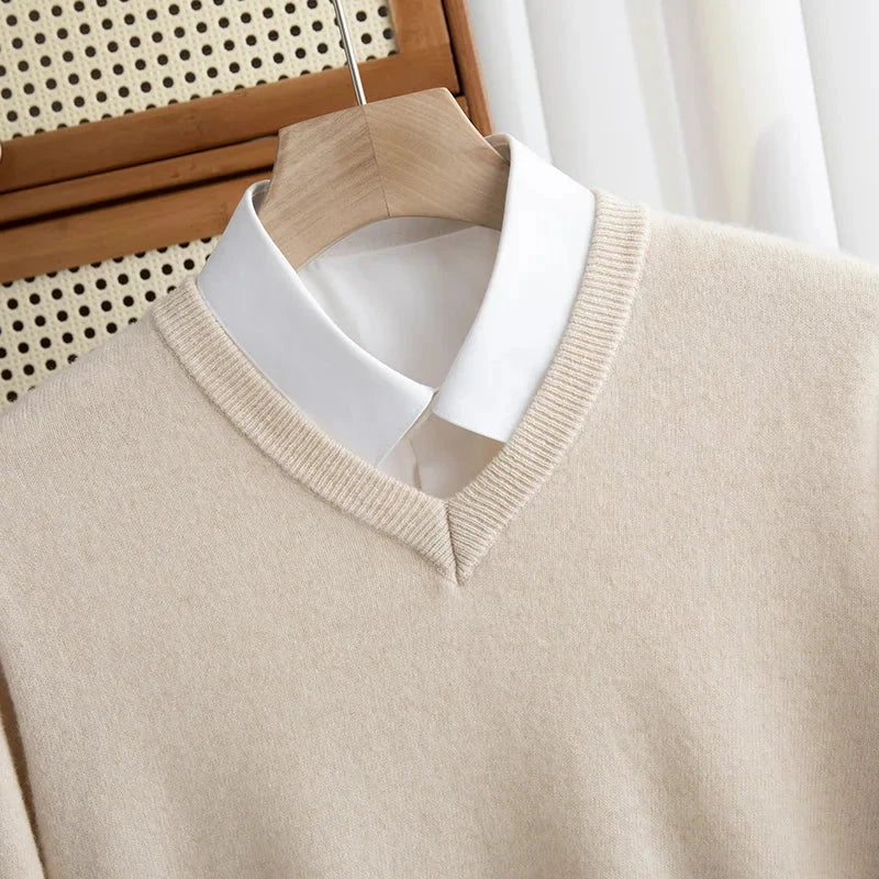 Men 100% Merino Wool Sweater V-Neck Pullover Autumn Winter Cashmere Warm Solid Knitwear Clothes Business Bottoming Soft Tops Zen Fit Plus