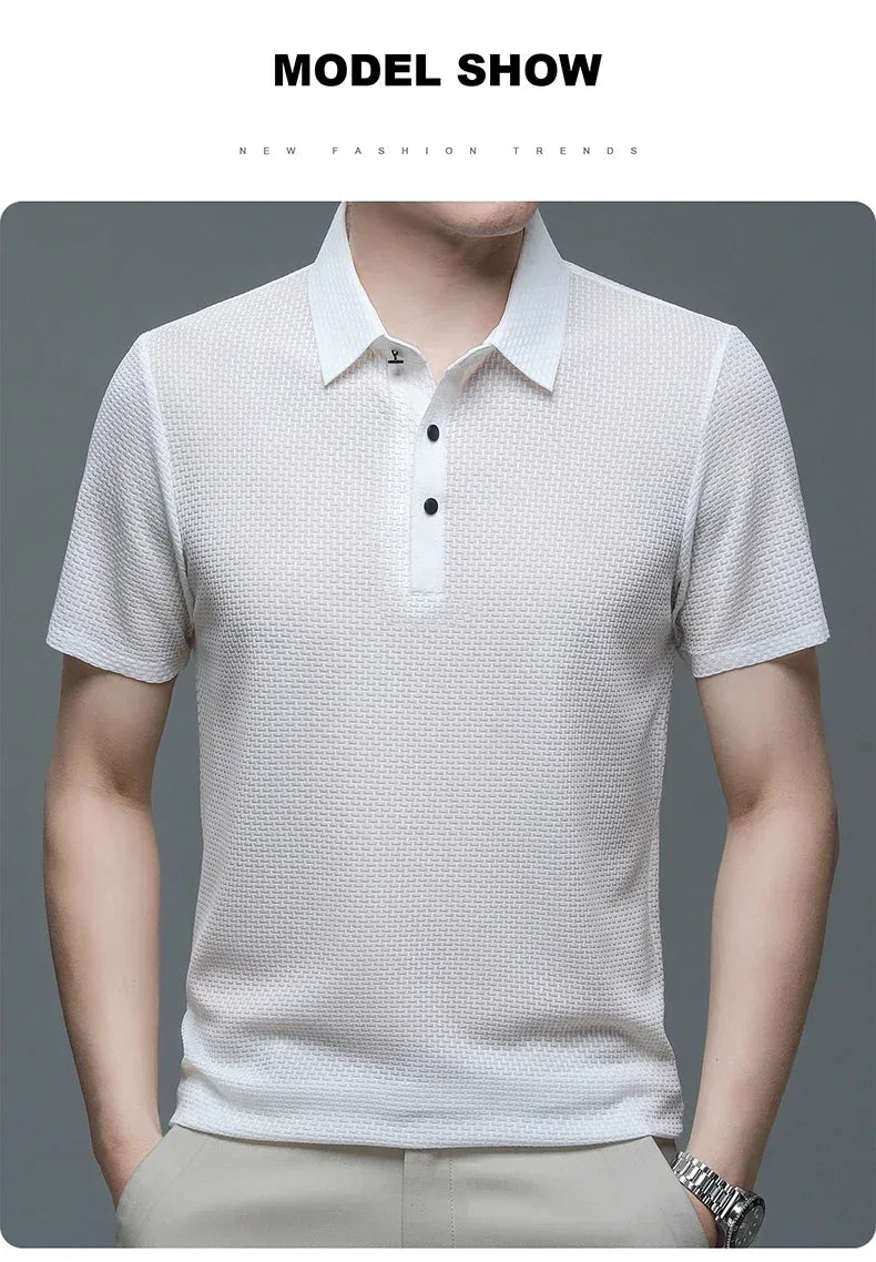 Summer New Men's Lop-up Hollow Short-sleeved Polo Tee Shirt Ice Silk Breathable Business Fashion T-Shirt Male Brand Clothes - Zen Fit Plus