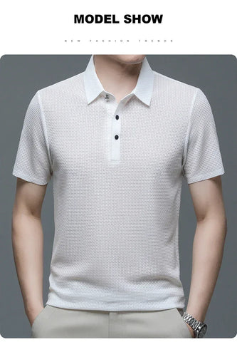 Summer New Men's Lop-up Hollow Short-sleeved Polo Tee Shirt Ice Silk Breathable Business Fashion T-Shirt Male Brand Clothes - Zen Fit Plus