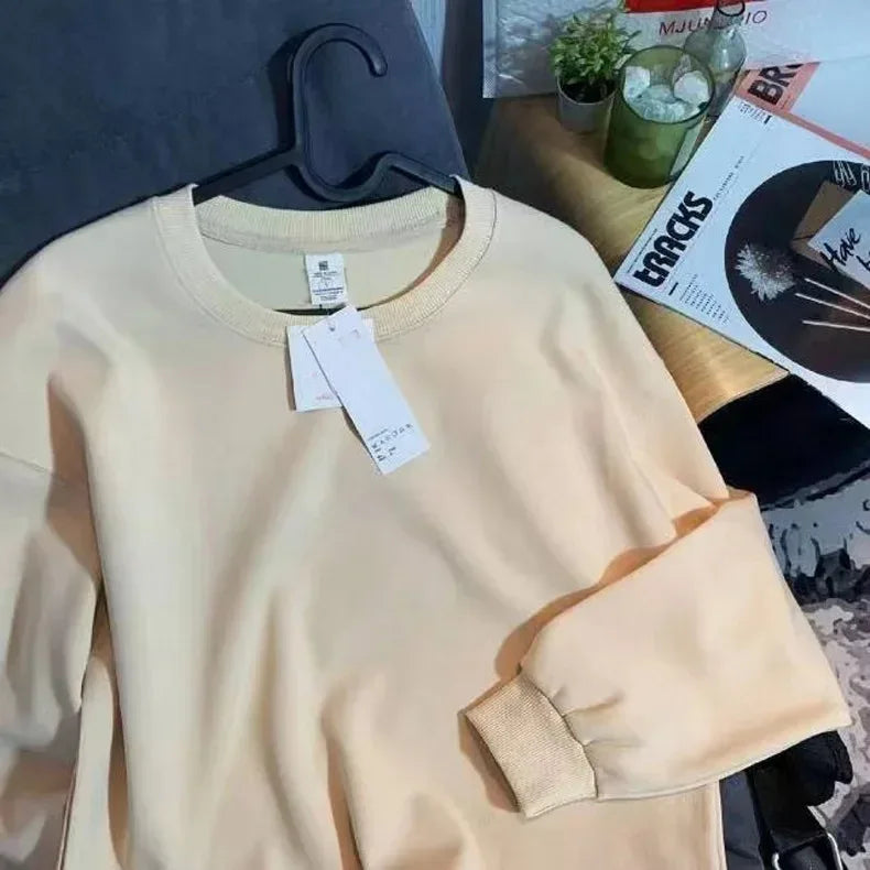 Thickened Fleece Cotton Hoodie Unisex Oversized round Neck Solid Color Couple's Sweatshirt Versatile Autumn Winter New Arrival - Zen Fit Plus