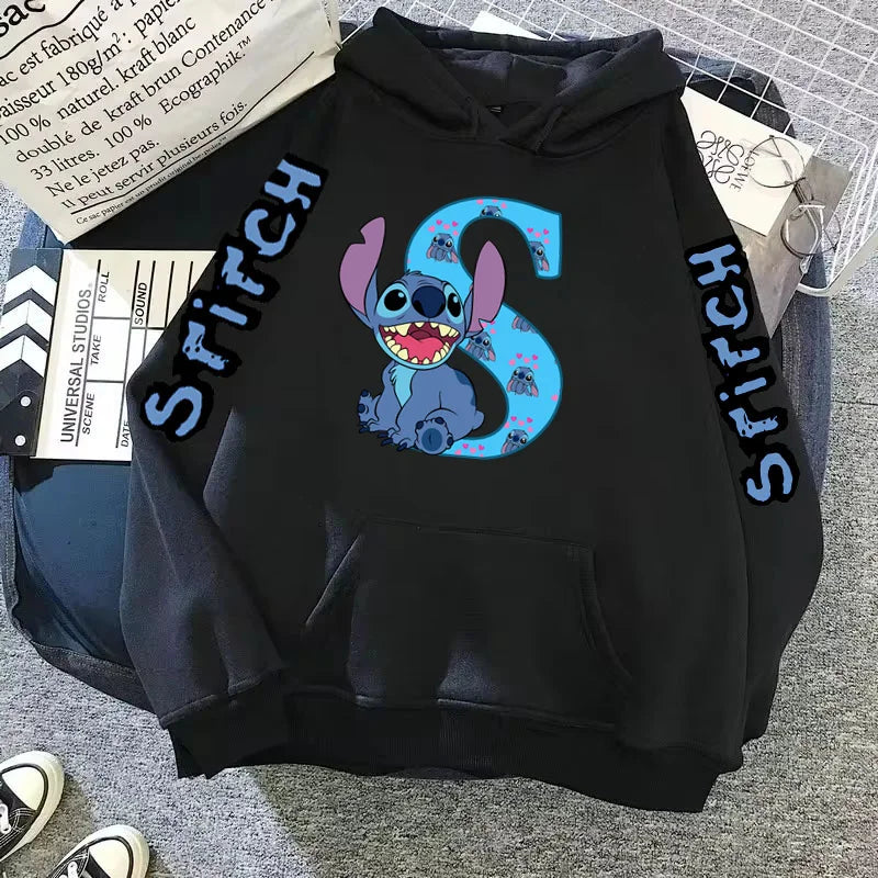 2024 Women's Winter Jacket Cute Kawaii Disney Lilo & Stitch Lucky Letter Print Black Hoodie Fashion Couple Streetwear Sportswear Zen fit plus