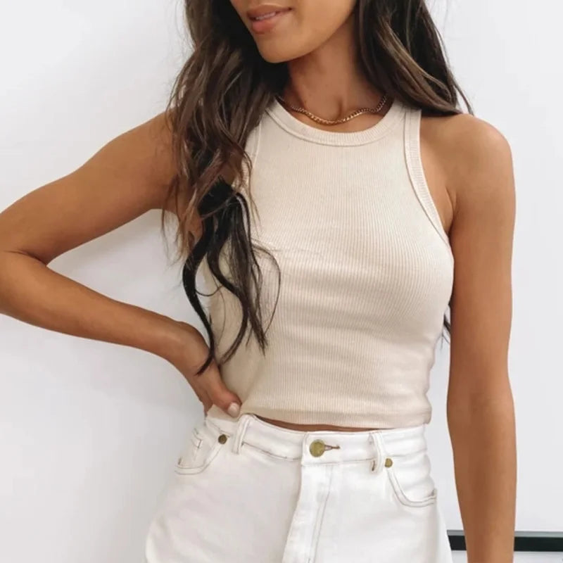 Ribbed Tank Top Women White 2024 Summer Casual Fitness Short Vest Candy Colors Knitted Off Shoulder Sexy Crop Top Women Zen fit plus