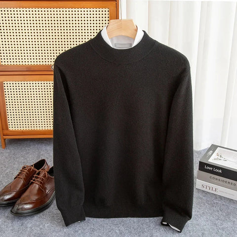 New Fashion Men's 100% Wool Pullover Half-high Collar Sweater Autumn Winter Warm Solid Color Knit Sweater Business Casual Top Zen Fit Plus