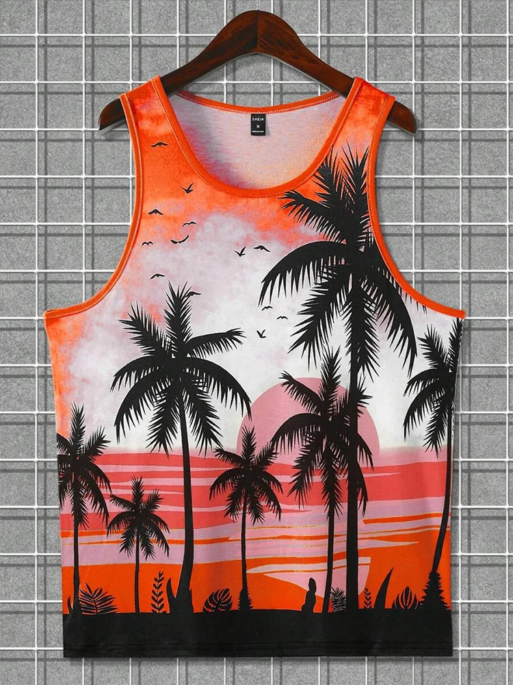 2024 New Summer Casual Men's Sleeveless T-shirt Hawaiian Style Men's Fashion Crew Neck Tank Top Outdoor Beach Men's Tank Top Zen fit plus