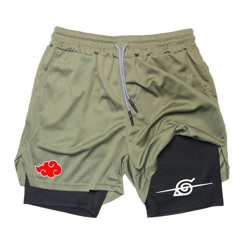 Men Anime Double Layer Shorts Gym Workout Printed Sports Multi-Performance Training Quick-Drying Jogging Pants Towel Pants M-3XL Zen fit plus