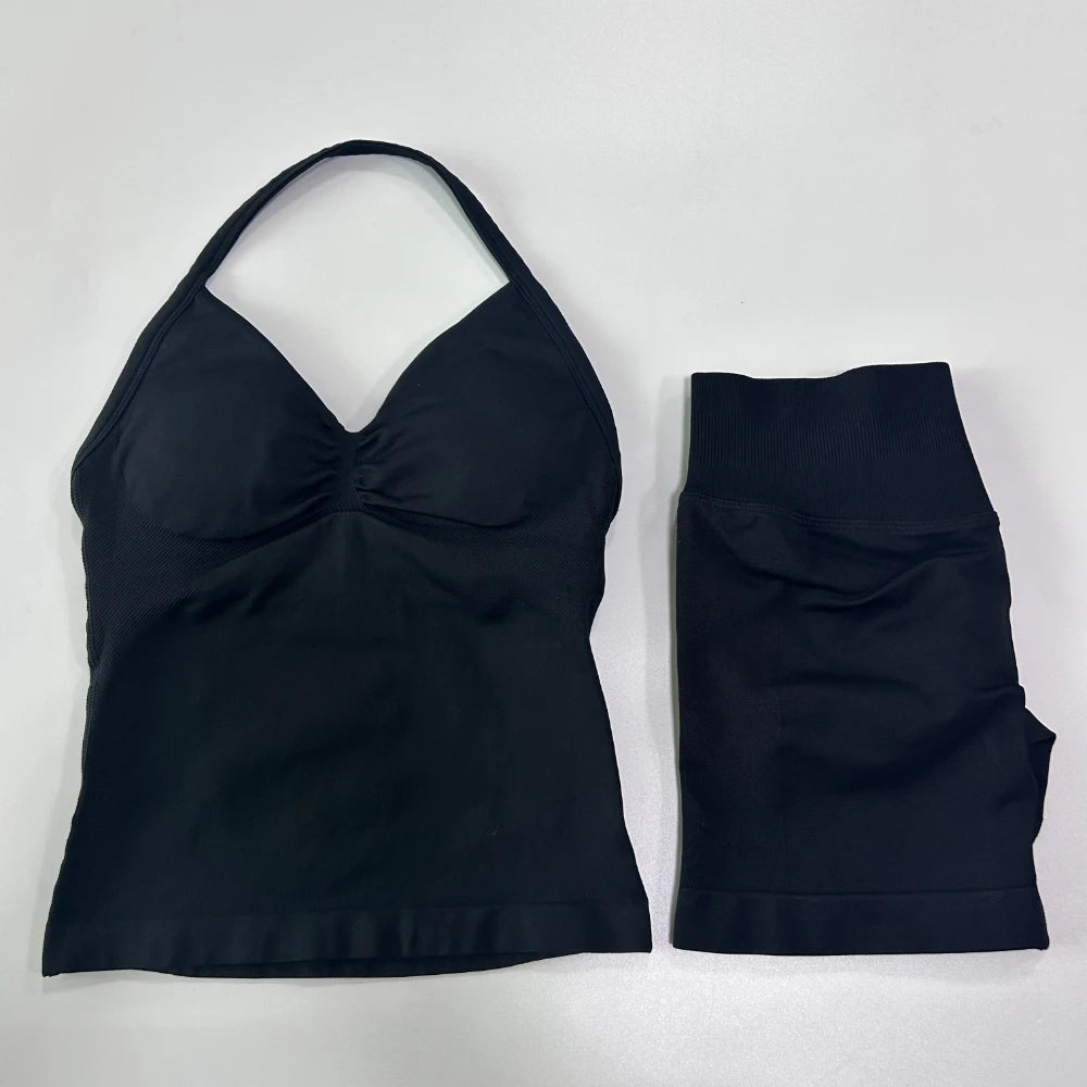2Pcs Impact Gym Set Women Backless Tank Tops High Waist Scrunch Seamless Shorts Gym Suit Fitness Clothes Activewear Workout Sets Zen fit plus