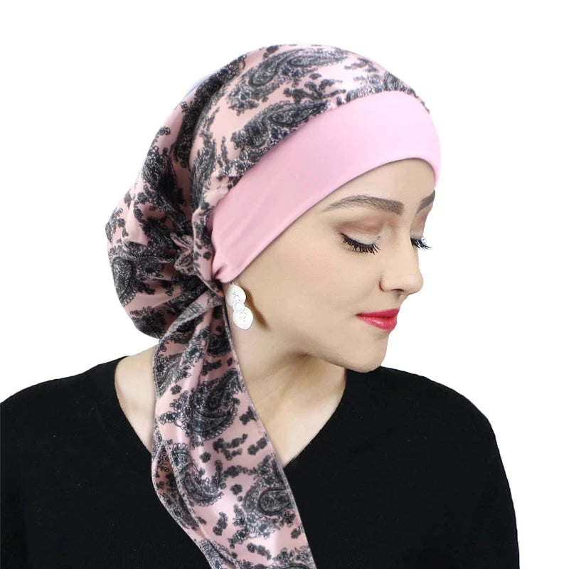 Printed Pre-tie Headscarf Women Elastic Muslim Female Turban Cancer Chemo Hat Hair Loss Cover Head Wrap Headwear Stretch Bandana Zen Fit Plus