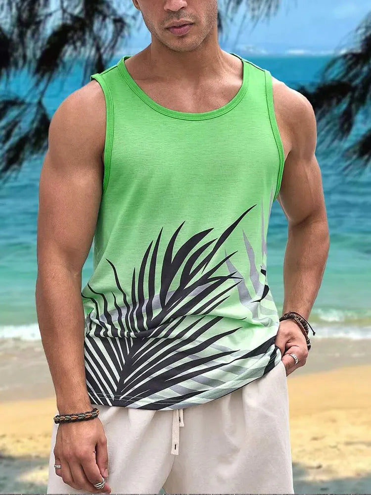 2024 New Summer Casual Men's Sleeveless T-shirt Hawaiian Style Men's Fashion Crew Neck Tank Top Outdoor Beach Men's Tank Top Zen fit plus