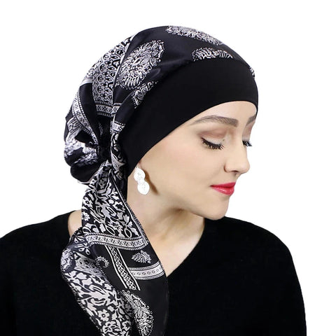 Printed Pre-tie Headscarf Women Elastic Muslim Female Turban Cancer Chemo Hat Hair Loss Cover Head Wrap Headwear Stretch Bandana Zen Fit Plus