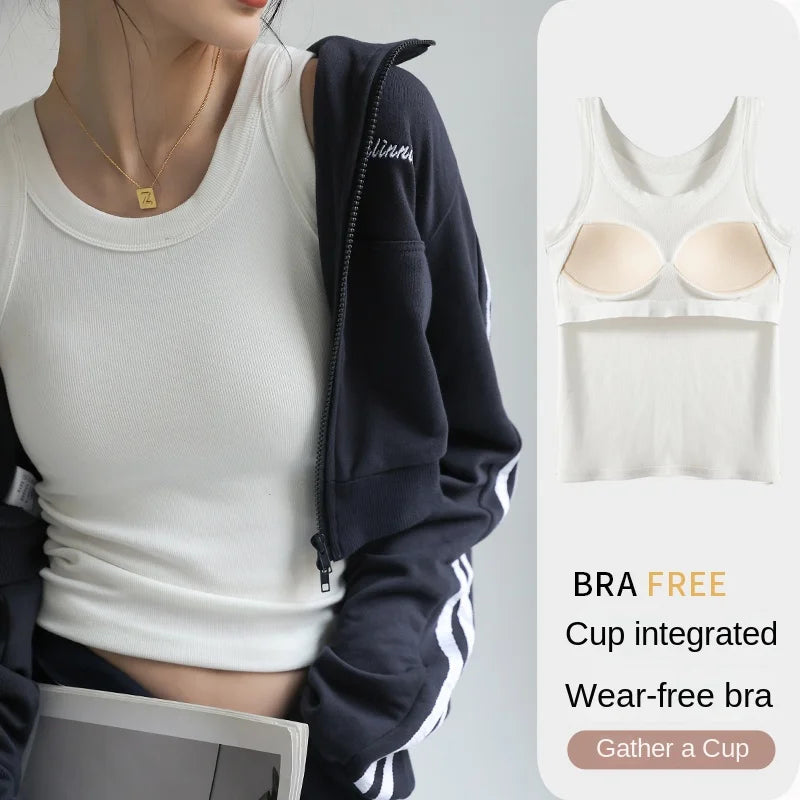 New Women Solid Round Neck Ribbed Tank Top Camisole Women Summer Basic Elastic TankTop One-piece Vest with Chest Pad Y2k Zen fit plus