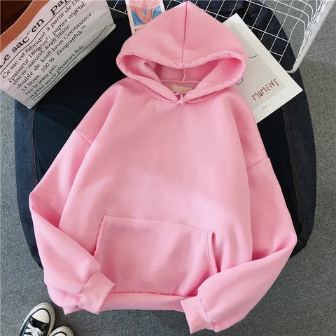 2024Autumn Casual Women's Solid Hoodie Comfortable Strecth Sweatshirts Loose Pocket Warm Clothes Fashion Street Female Pullovers - Zen Fit Plus