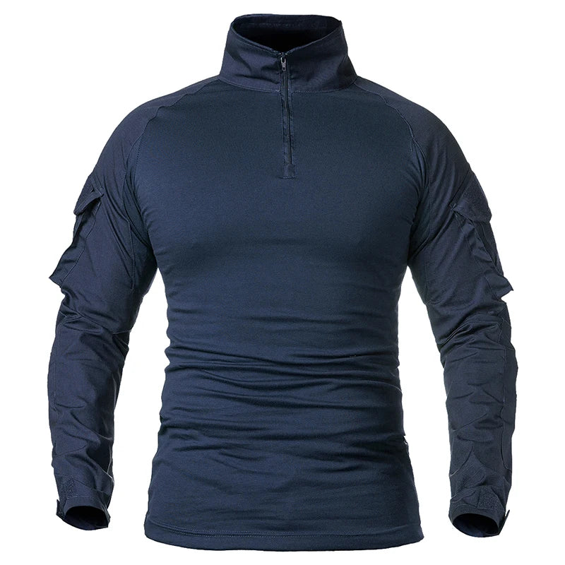 Men's Long Sleeve Combat Shirt 1/4 Zipper Ripstop Cotton Tactical Shirts Navy Blue Camoufalge Airsoft T Shirts Zen fit plus