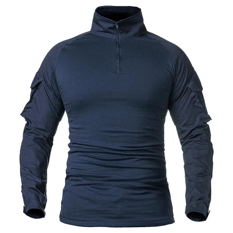 Men's Long Sleeve Combat Shirt 1/4 Zipper Ripstop Cotton Tactical Shirts Navy Blue Camoufalge Airsoft T Shirts Zen fit plus
