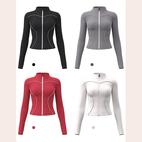 Slim Yoga Reflective Long Sleeved Women Sport Jacket Zipper Gym Fitness Coat Yoga Tops With Thumb Holes Running Cycling Jacket Zen fit plus
