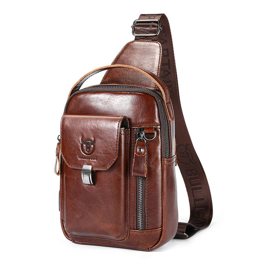 BULLCAPTAIN Men's Genuine Leather Chest Bag Casual Retro 7.9-inch Mobile Phone Bag Multifunctional Anti-Theft Crossbody Bag Zen fit plus