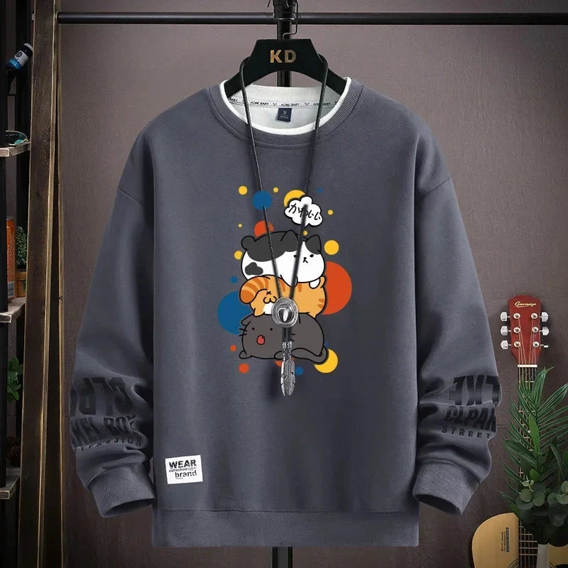 Spring Men's Sweatshirt Japan Cartoon Cats Printed Long Sleeve T-shirt Fashion Men's Clothing Khaki O Neck Harajuku Top 2024 New Zen Fit Plus