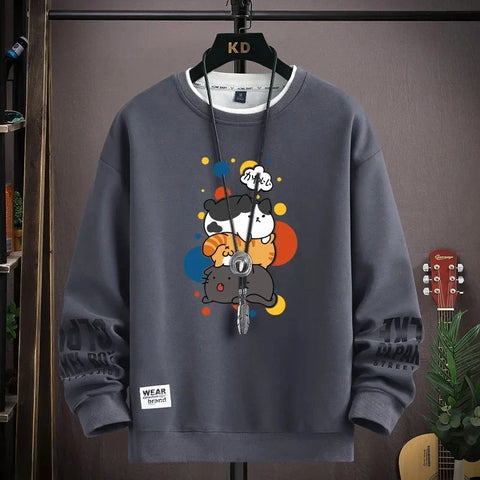 Spring Men's Sweatshirt Japan Cartoon Cats Printed Long Sleeve T-shirt Fashion Men's Clothing Khaki O Neck Harajuku Top 2024 New Zen Fit Plus