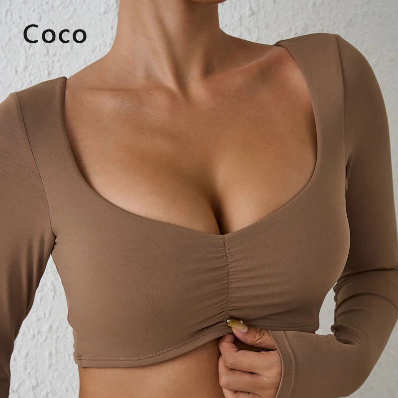 DIAS FIT JOY Nylon Gym Top Yoga long sleeved T-shirt tight pleated sports top women's waist tight yoga top Zen fit plus