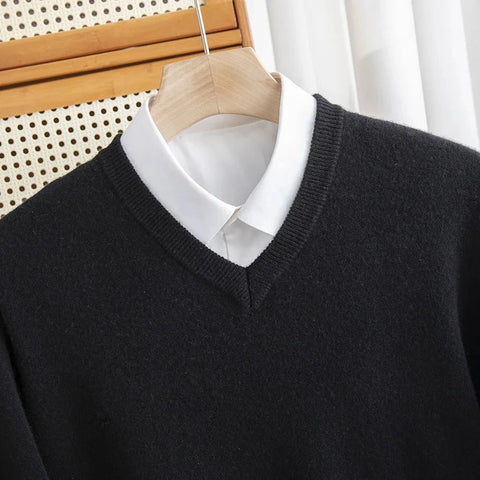 Men 100% Merino Wool Sweater V-Neck Pullover Autumn Winter Cashmere Warm Solid Knitwear Clothes Business Bottoming Soft Tops Zen Fit Plus