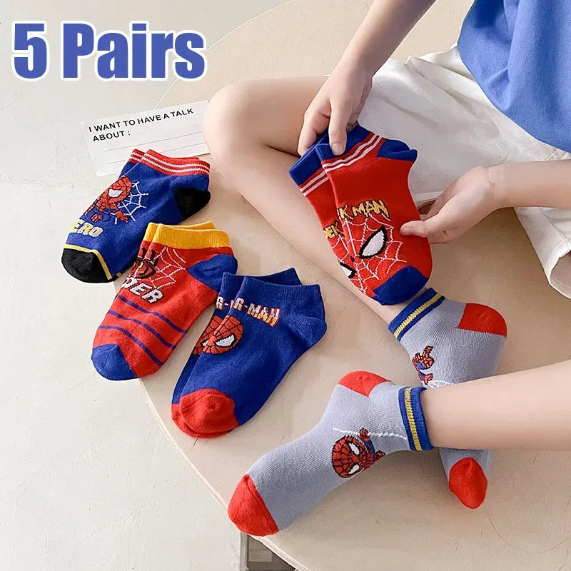 5 Pairs Spiderman Children Socks Anime Kids Boys Short Sock Kawaii Child Cartoon Baby Summer Spring Boat Socks Kids Gift 1-12Y - Zen Fit Plus