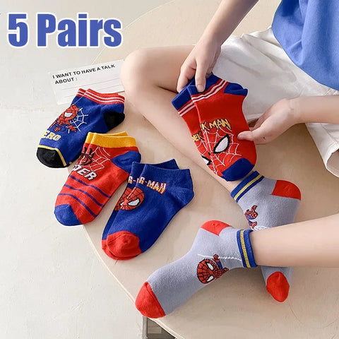 5 Pairs Spiderman Children Socks Anime Kids Boys Short Sock Kawaii Child Cartoon Baby Summer Spring Boat Socks Kids Gift 1-12Y - Zen Fit Plus