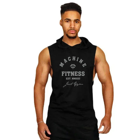 MACHINE FITNESS Mens Gym Hooded Tank Top Cotton Bodybuilding Clothing Summer Muscle Fit Sleeveless Hoodies Shirt Sports Singlets - Zen Fit Plus