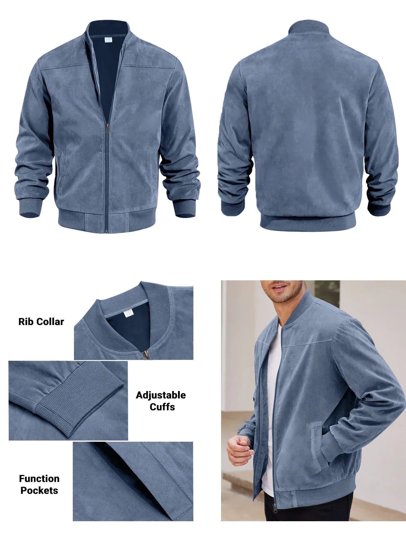 Men's suede nap fabric casual jacket Round neck zipper Solid color Sport Bomber Jacket Casual edition sports and golf fashion - Zen Fit Plus