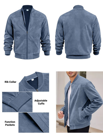 Men's suede nap fabric casual jacket Round neck zipper Solid color Sport Bomber Jacket Casual edition sports and golf fashion - Zen Fit Plus