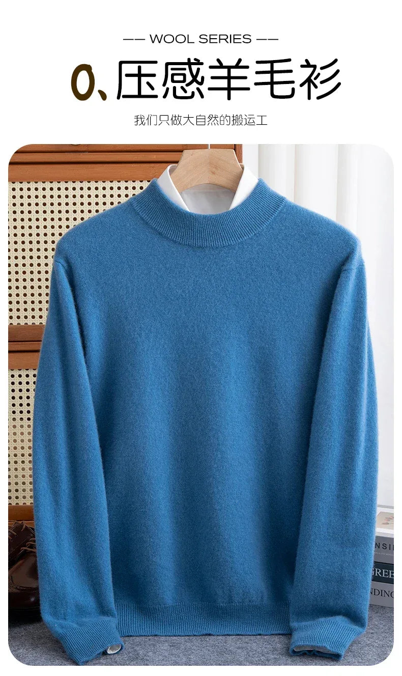New Fashion Men's 100% Wool Pullover Half-high Collar Sweater Autumn Winter Warm Solid Color Knit Sweater Business Casual Top - Zen Fit Plus