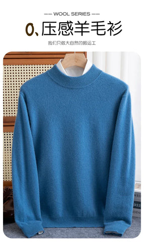 New Fashion Men's 100% Wool Pullover Half-high Collar Sweater Autumn Winter Warm Solid Color Knit Sweater Business Casual Top - Zen Fit Plus