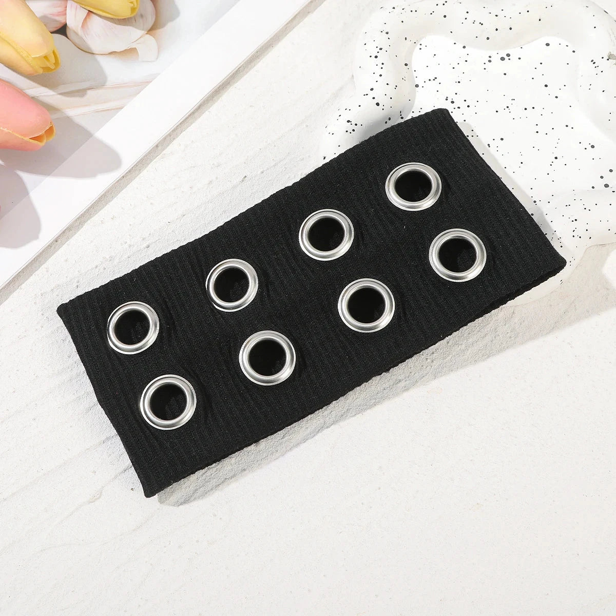 AWAYTR Punk Girl Fabric Hollow Elastic Headbands Metal Rock Personalized Hollow Eyelets Hair Band Casual Sports Grommet Headband Zen Fit Plus