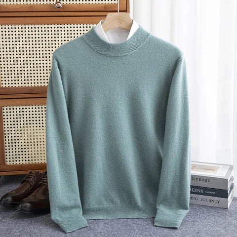 New Fashion Men's 100% Wool Pullover Half-high Collar Sweater Autumn Winter Warm Solid Color Knit Sweater Business Casual Top Zen Fit Plus