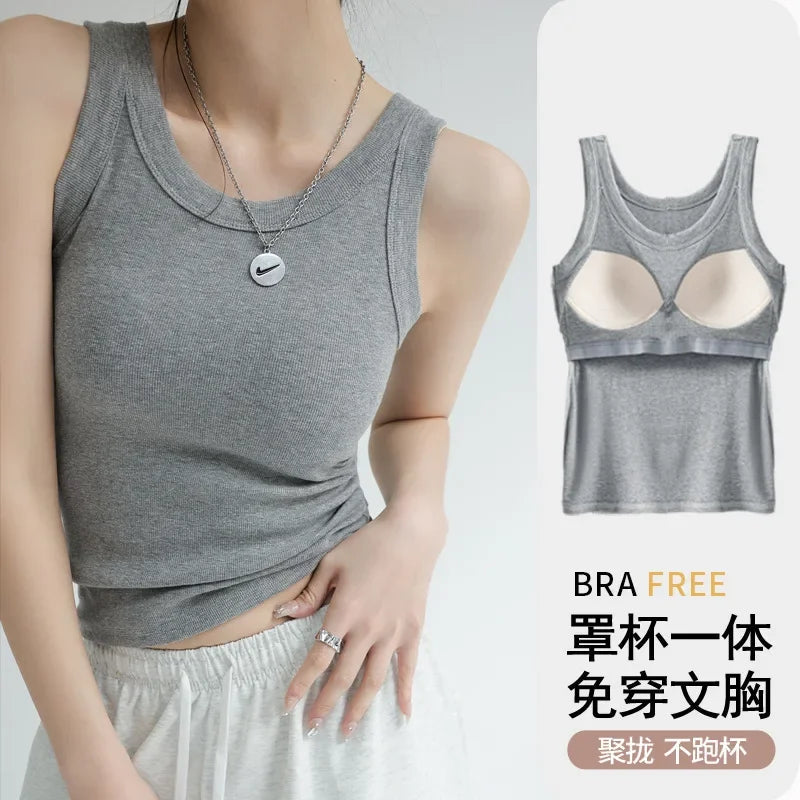 New Women Solid Round Neck Ribbed Tank Top Camisole Women Summer Basic Elastic TankTop One-piece Vest with Chest Pad Y2k Zen fit plus