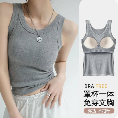New Women Solid Round Neck Ribbed Tank Top Camisole Women Summer Basic Elastic TankTop One-piece Vest with Chest Pad Y2k Zen fit plus