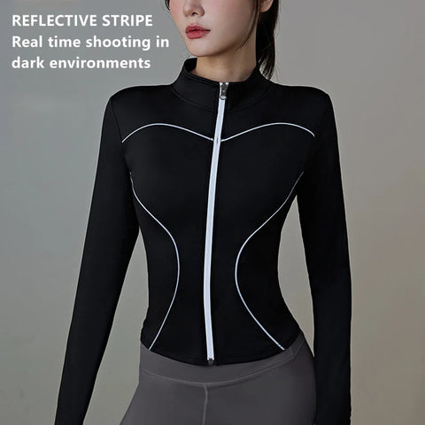 Slim Yoga Reflective Long Sleeved Women Sport Jacket Zipper Gym Fitness Coat Yoga Tops With Thumb Holes Running Cycling Jacket Zen fit plus