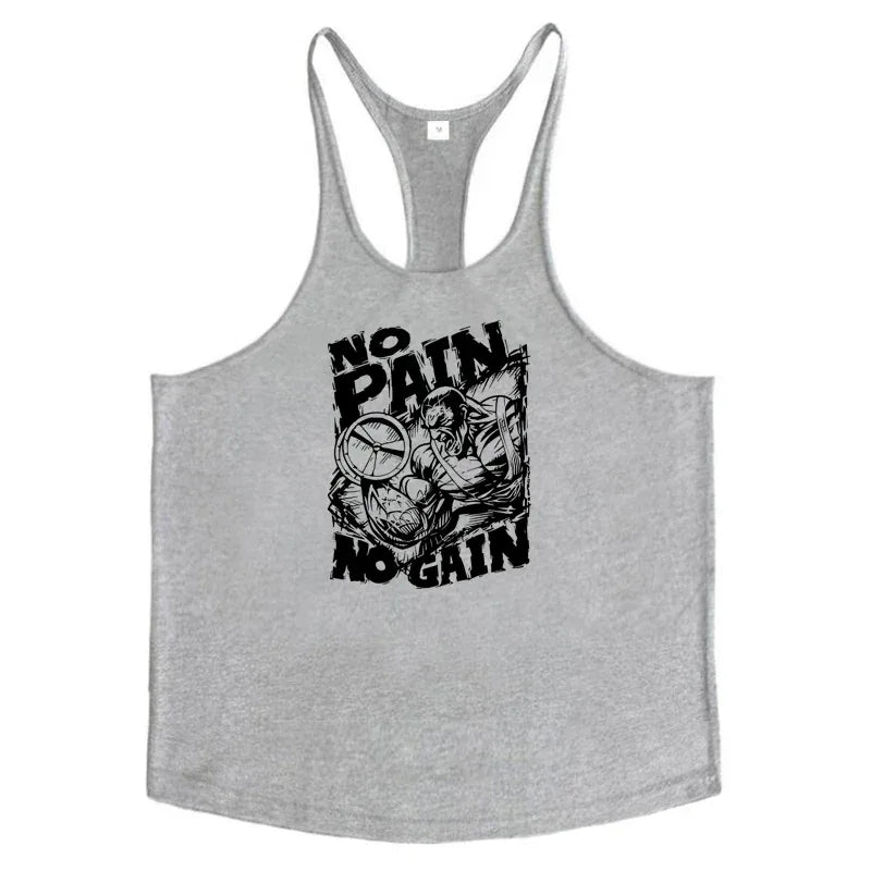 NO PAIN NO GAIN Print Gym Fitness T-Shirt Mens Bodybuilding Sport Sleeveless Vests Cotton Breathable Y-back Suspenders Tank Tops - Zen Fit Plus