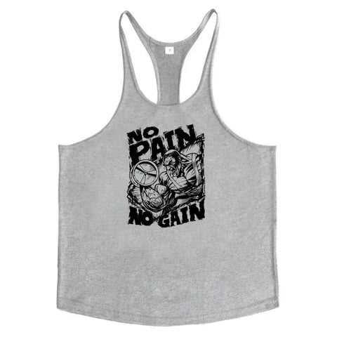 NO PAIN NO GAIN Print Gym Fitness T-Shirt Mens Bodybuilding Sport Sleeveless Vests Cotton Breathable Y-back Suspenders Tank Tops - Zen Fit Plus