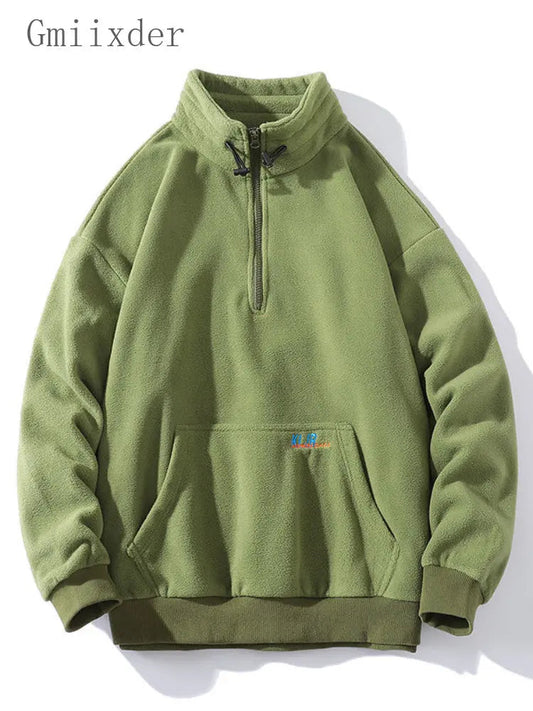 Gmiixder Half-zip Hoodless Sweatshirt Autumn Winter Stand-up Collar Shirt Oversize Velevet Tops Lovers Trend Polar Fleece Jacket Zen Fit Plus