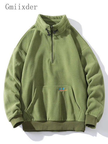 Gmiixder Half-zip Hoodless Sweatshirt Autumn Winter Stand-up Collar Shirt Oversize Velevet Tops Lovers Trend Polar Fleece Jacket Zen Fit Plus