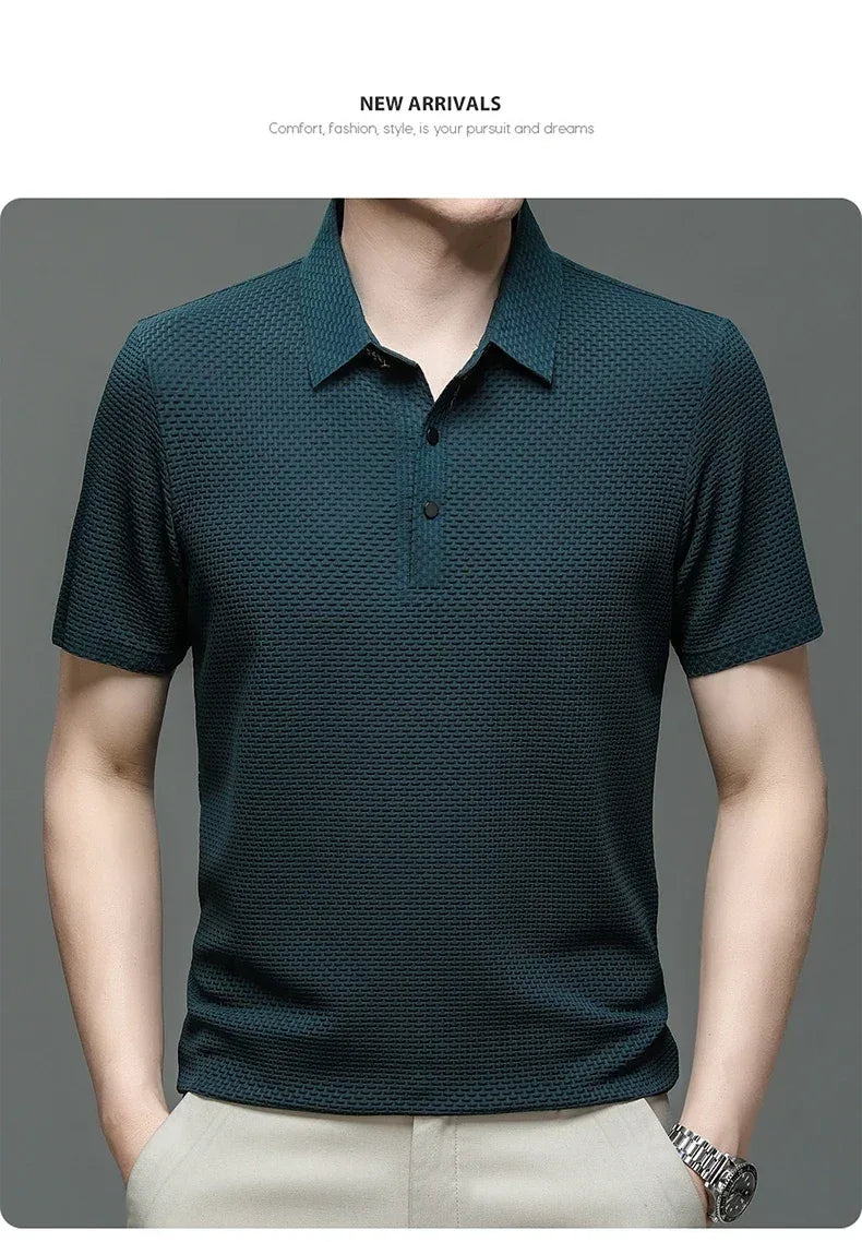 Summer New Men's Lop-up Hollow Short-sleeved Polo Tee Shirt Ice Silk Breathable Business Fashion T-Shirt Male Brand Clothes - Zen Fit Plus