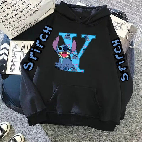 2024 Women's Winter Jacket Cute Kawaii Disney Lilo & Stitch Lucky Letter Print Black Hoodie Fashion Couple Streetwear Sportswear Zen fit plus