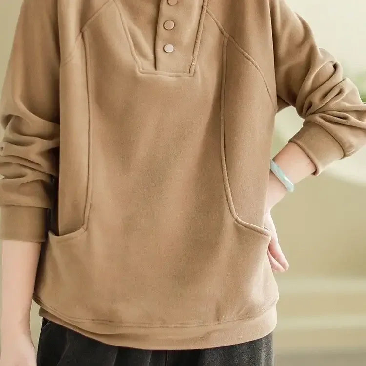 Warm Thermal Sweatshirt Women's Loose Cover-up Design Button Half High Collar Velvet Polyester Full Sleeve Casual Top - Zen Fit Plus