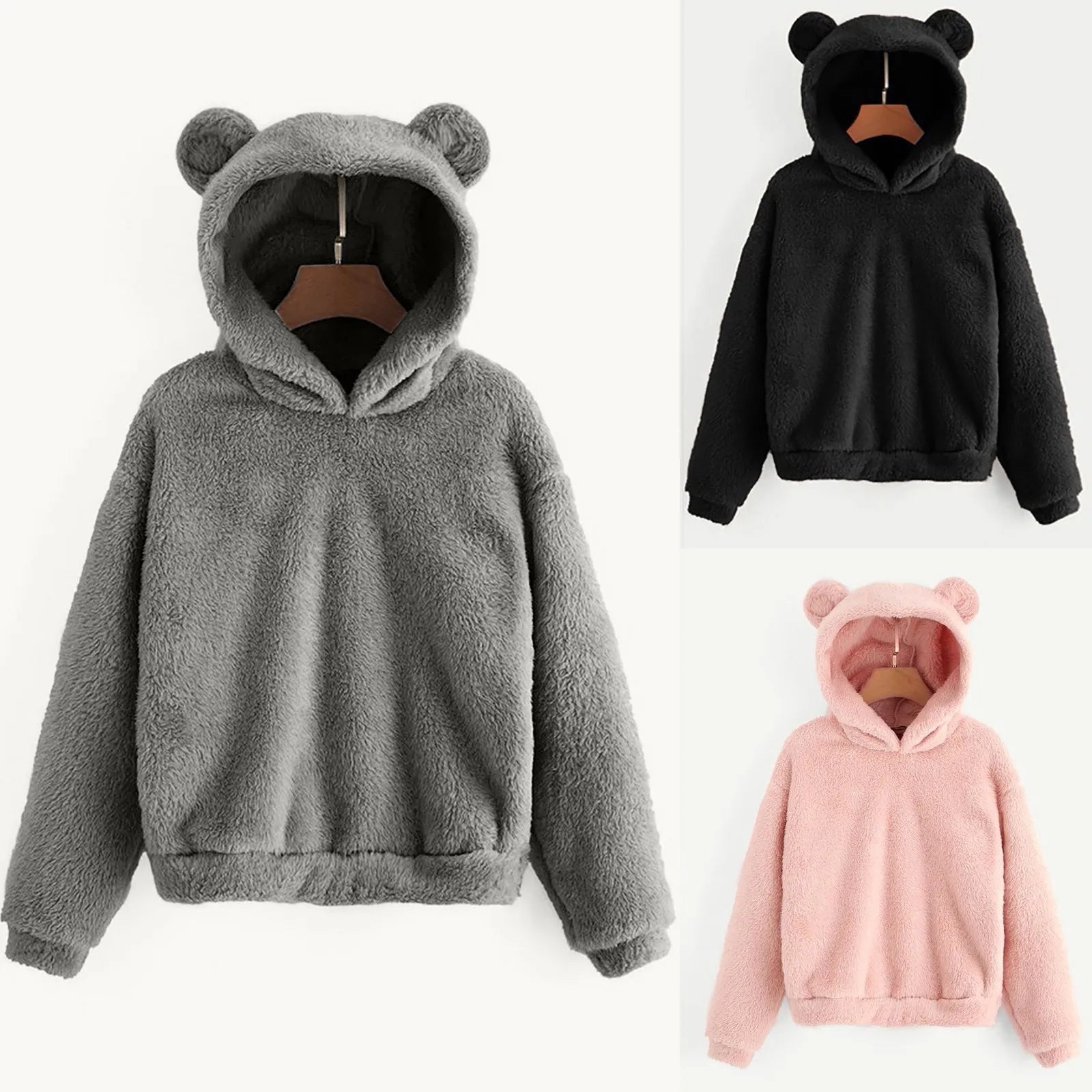 Women's Pullover Long Sleeve Fleece Sweatshirt Warm Bear Shape Fuzzy Hoodie Sweater Pullover Zen fit plus