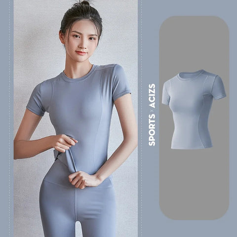 2024 Women's Sports Fitness Clothing Slim Running Sweat Absorbing Skinny Yoga Clothes Quick Drying Clothes Short Sleeved T-shirt Zen fit plus